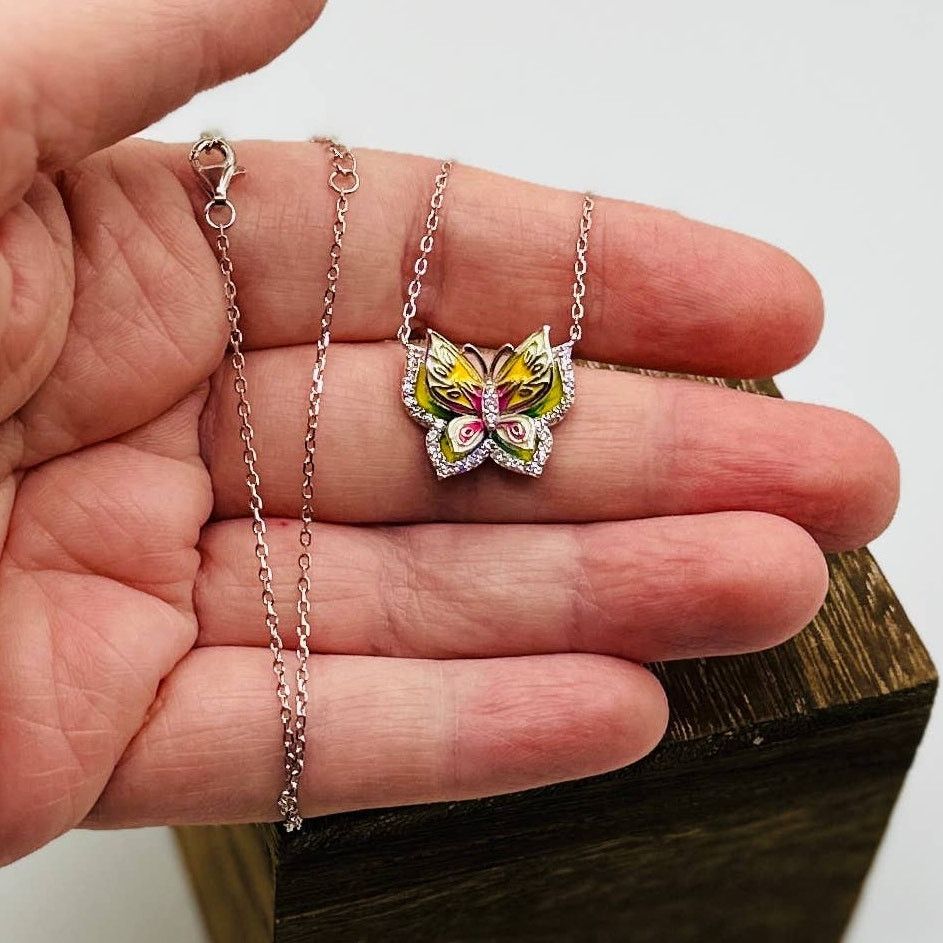 The Unbranded Brand Butterfly CZ Enamel Sterling Silver Necklace Size ONE SIZE - 4 Thumbnail