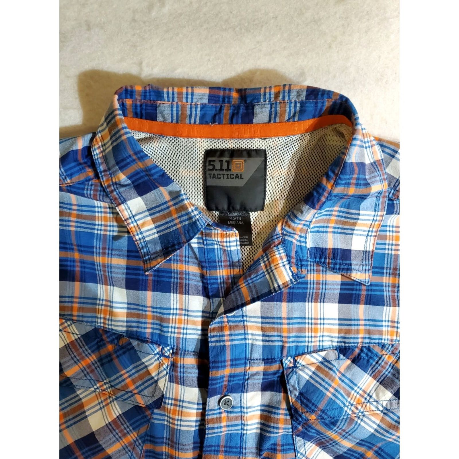 Vintage 5.11 Tactical Signature Button Up Short Sleeve Shirt - Mens Med Blue/Orange Plaid, Nylon/Polyester, Lightweight, Breathable, Pockets, Casual/Workwear Size US M / EU 48-50 / 2 - 3 Thumbnail