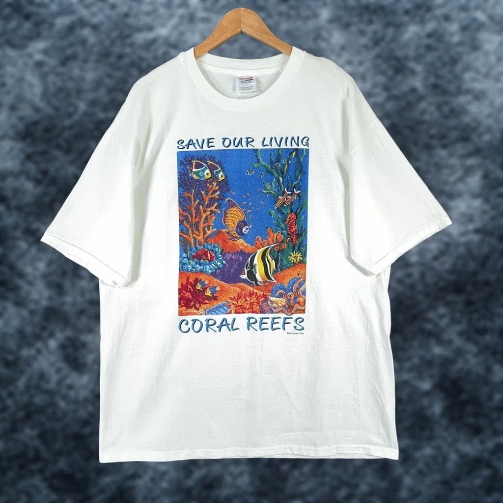 Hanes VINTAGE Hanes Heavyweight 1990s T-Shirt XL White Crew Neck Short Sleeve Save Our Living Coral Reefs 90s Men Size US XL / EU 56 / 4 - 1 Thumbnail