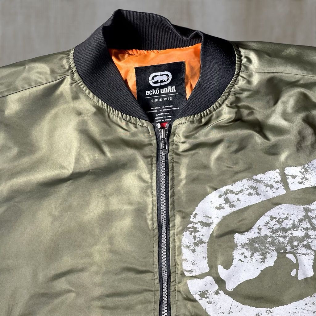 Ecko Unltd. Marc Ecko Unltd Bomber Jacket Mens 2XL Green Chenille Rhino Logo Orange Lining Size US XXL / EU 58 / 5 - 1 Thumbnail