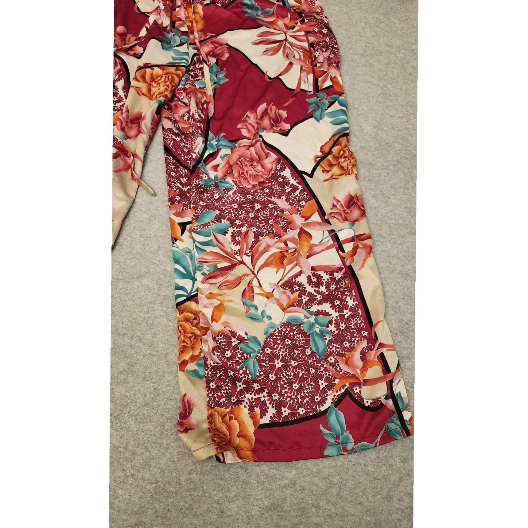 Vintage Natori Pajama Pants Womens Large Burgundy Floral Satin Drawstring Lounge Capri Size 36" / US 14 / IT 50 - 2 Thumbnail