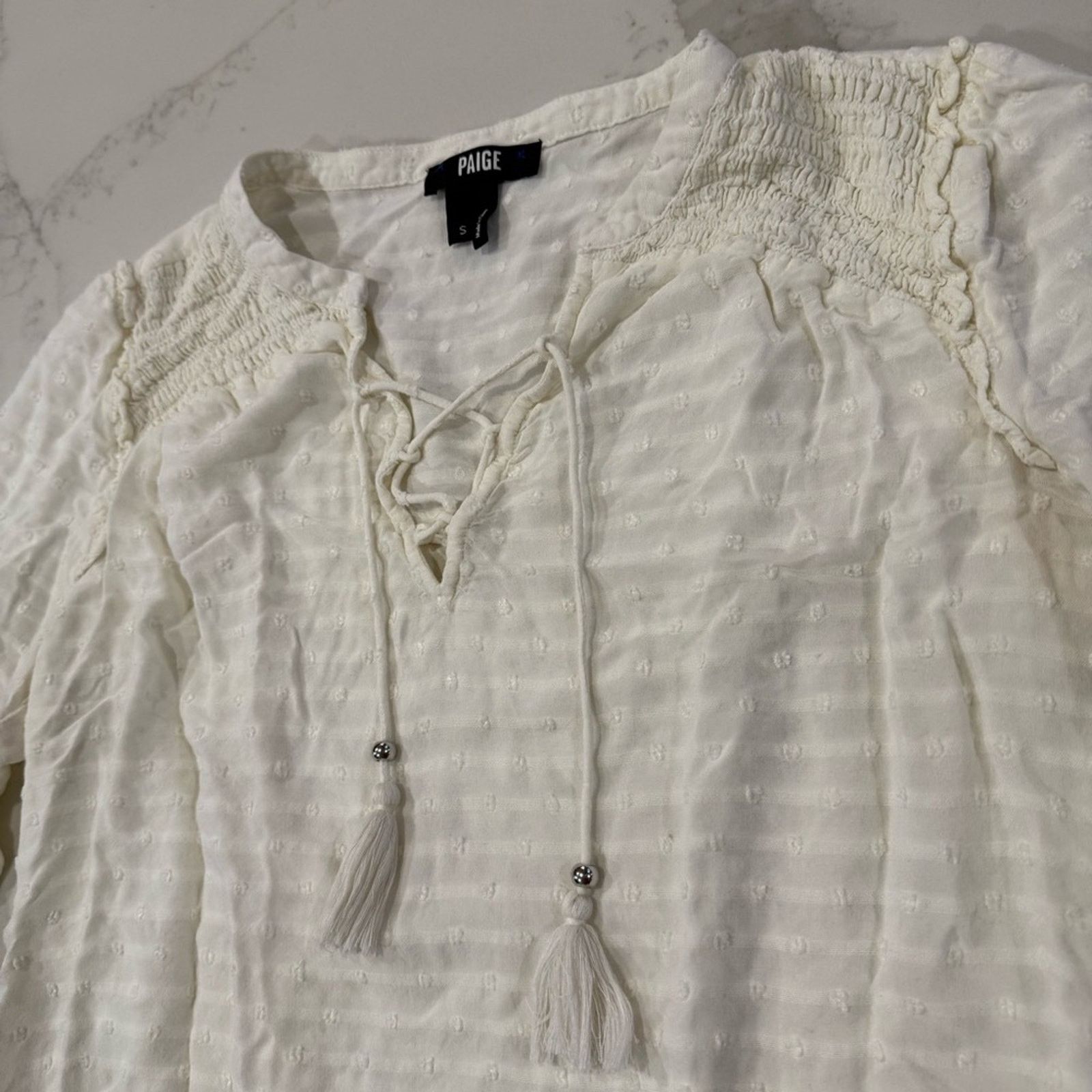 Paige PAIGE Textured Swiss Dot Peasant Blouse Women’s Small Ivory Size S / US 4 / IT 40 - 4 Thumbnail