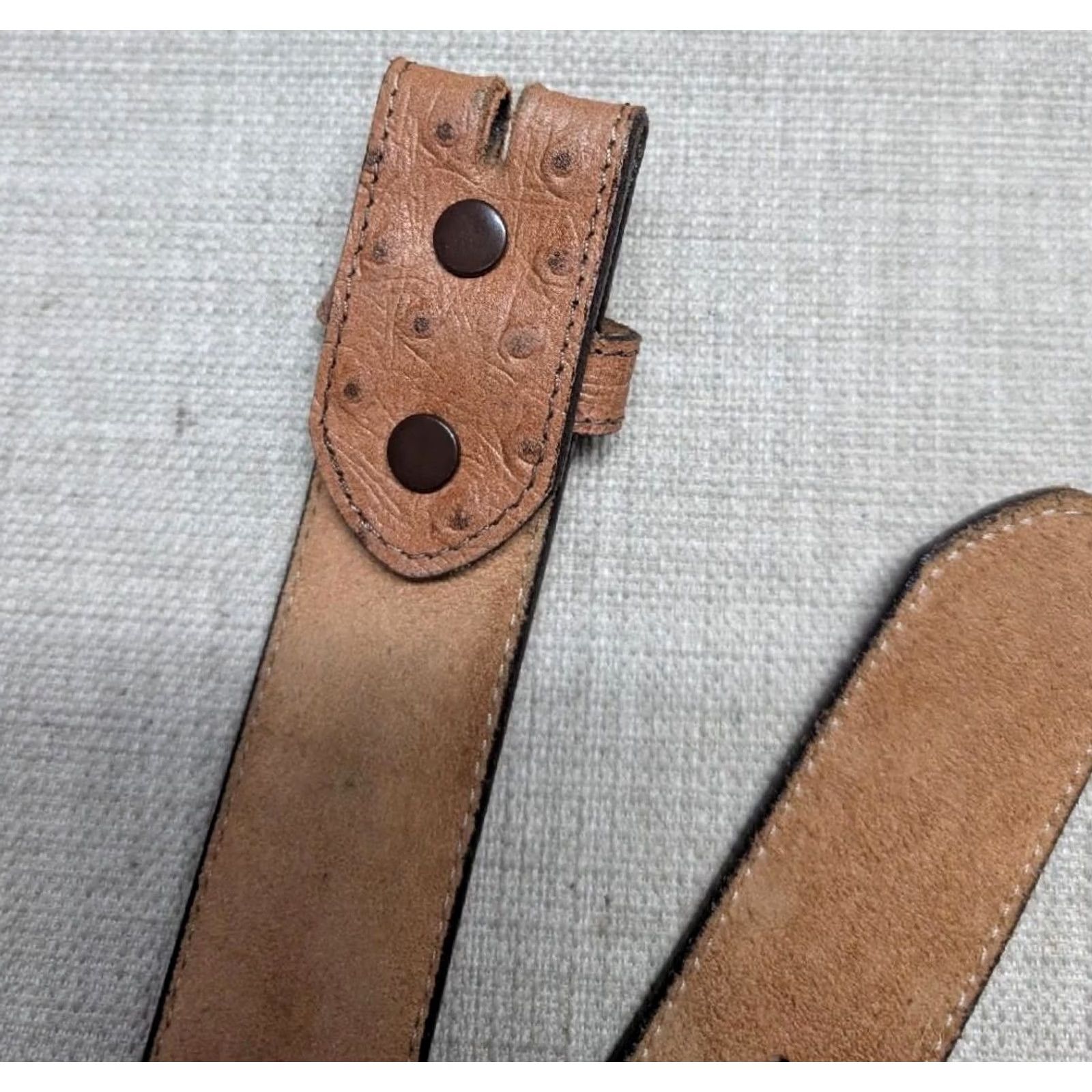 Skin VINTAGE USA made OSTRICH SKIN embossed 38 buckle belt WESTERN brown leather belt Mens 38 Western belt brown ostrich embossed USA made belt Size 38 - 5 Thumbnail