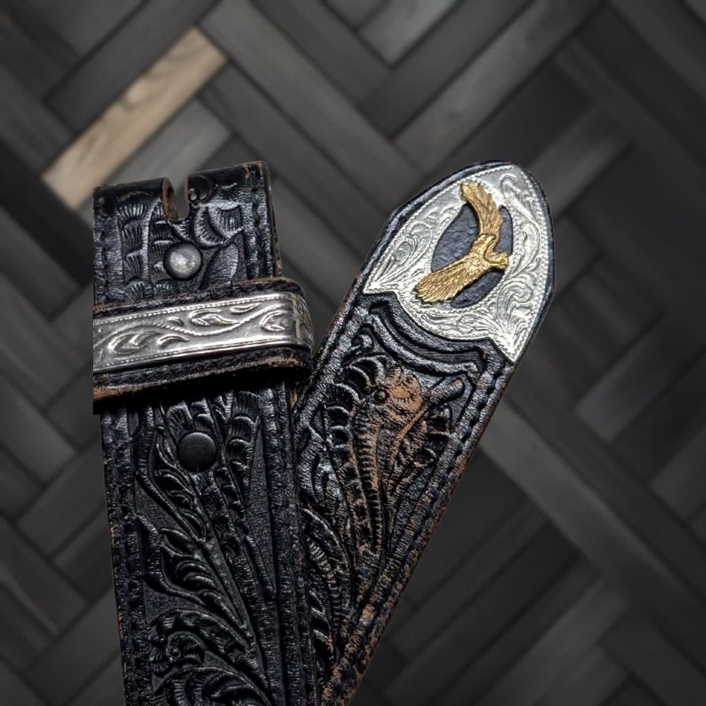 Vintage VINTAGE Leegin belt western belt Mens 34 brown leather buckle eagle tooled Full Grain Leather cowboy western america Harley Size 34 - 1 Thumbnail