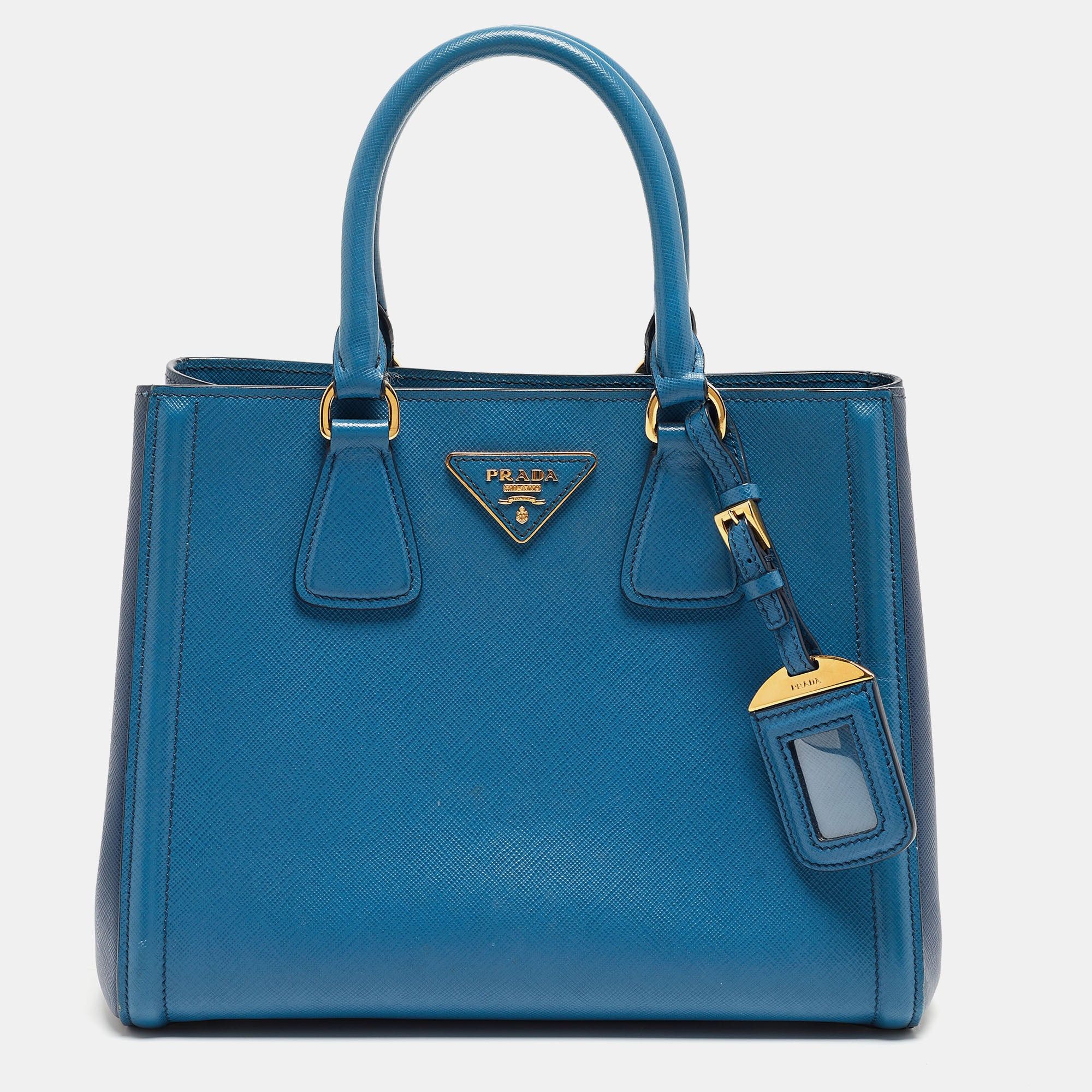 image of Prada Two Tone Blue Saffiano Lux Leather Tote, Women's