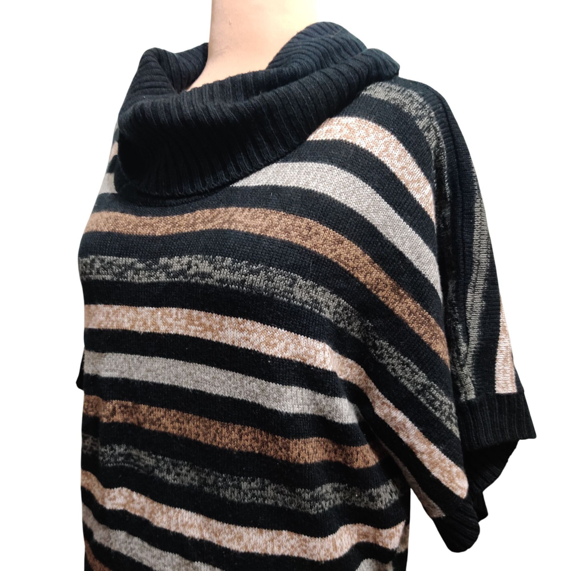 Other Faded Glory XXL Black Tan Gray Striped Knit Cowl Neck Batwin Size XXL / US 16-18 / IT 52-54 - 4 Thumbnail