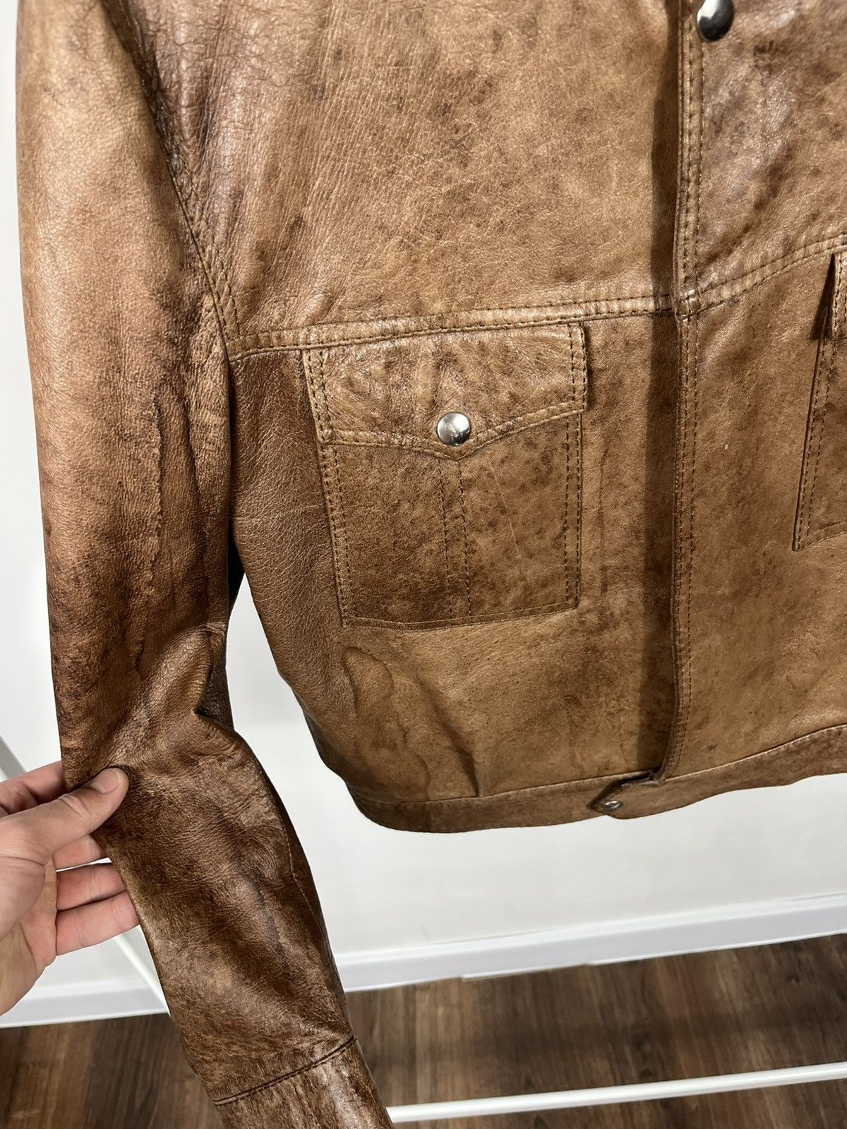 Leather Womens Distressed Leather Jacket Brown Vintage Biker Crop Size XL / US 12-14 / IT 48-50 - 5 Thumbnail