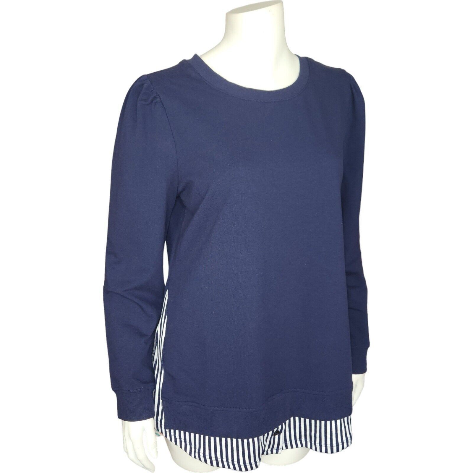 Denim & Co. Denim & Co. French Terry Tunic Striped Hem Navy Womens XS Size XS / US 0-2 / IT 36-38 - 2 Thumbnail