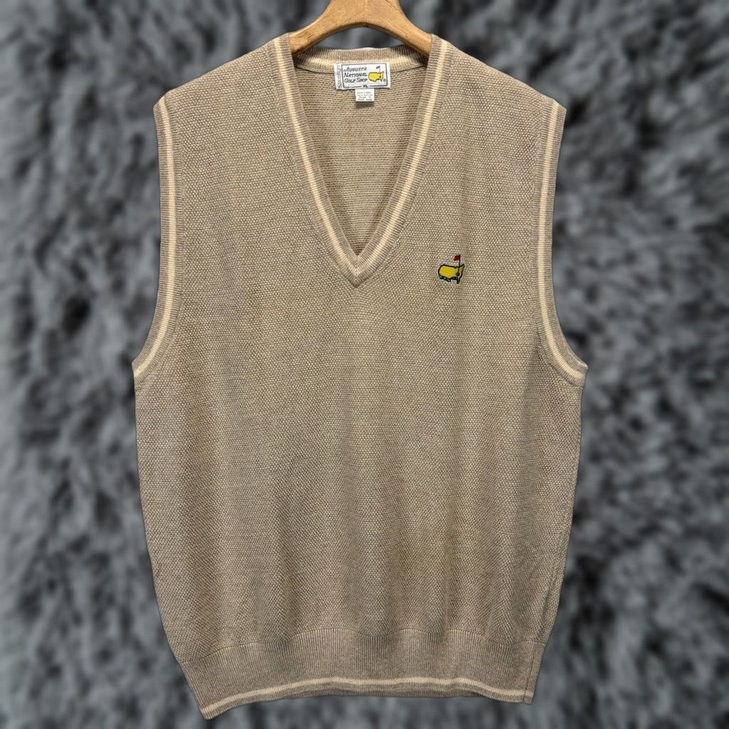 VINTAGE Slazenger Masters Augusta Golf Linen Blend Sweater Vest XL Men Beige V-Neck Knit Sleeveless Golf