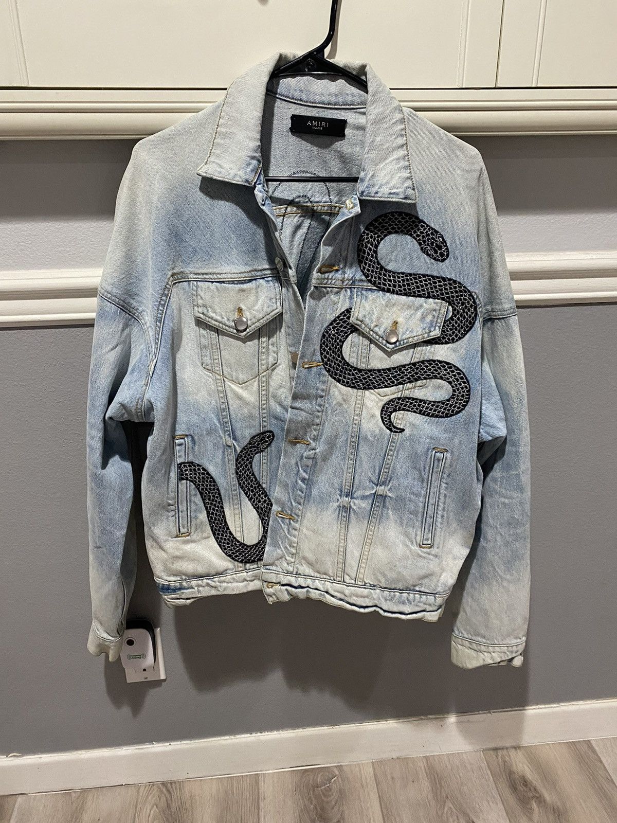 image of Amiri Snake Embroidered Denim Jacket in Blue, Men's (Size XL)