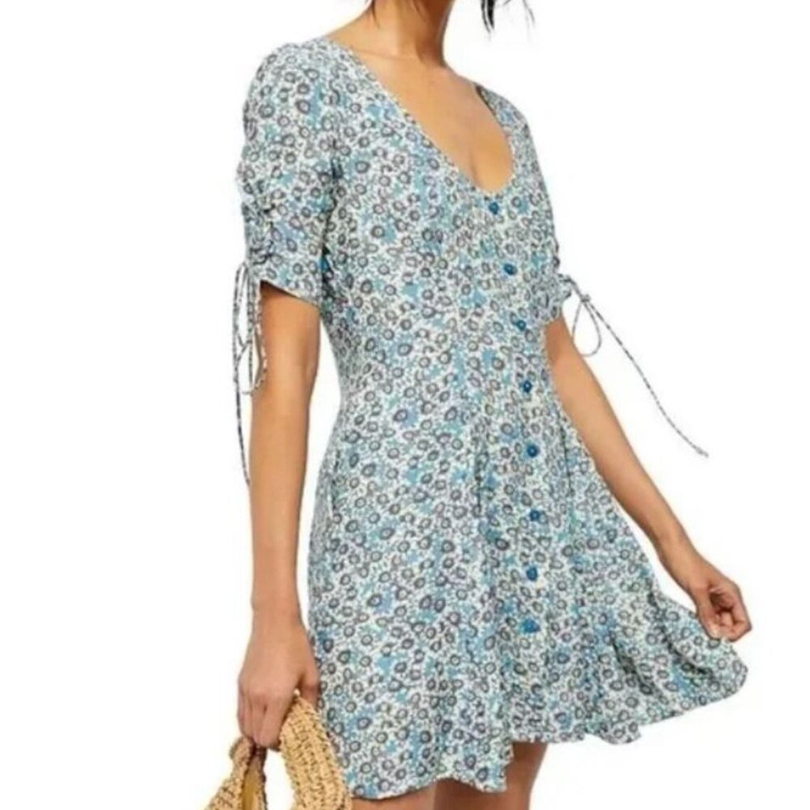 Free People Free People Blue Sunflower Print Lace Up Mini Dress Size XS / US 0-2 / IT 36-38 - 1 Thumbnail
