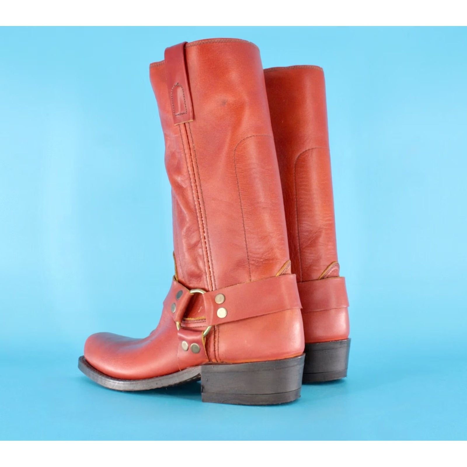 Vintage VTG 70s Boots Texas Boots Mens VTG 70s Red Brown Harness Boots Sz 7 D Leather Cowboy Motorcycle Biker Size US 7 / EU 40 - 5 Thumbnail