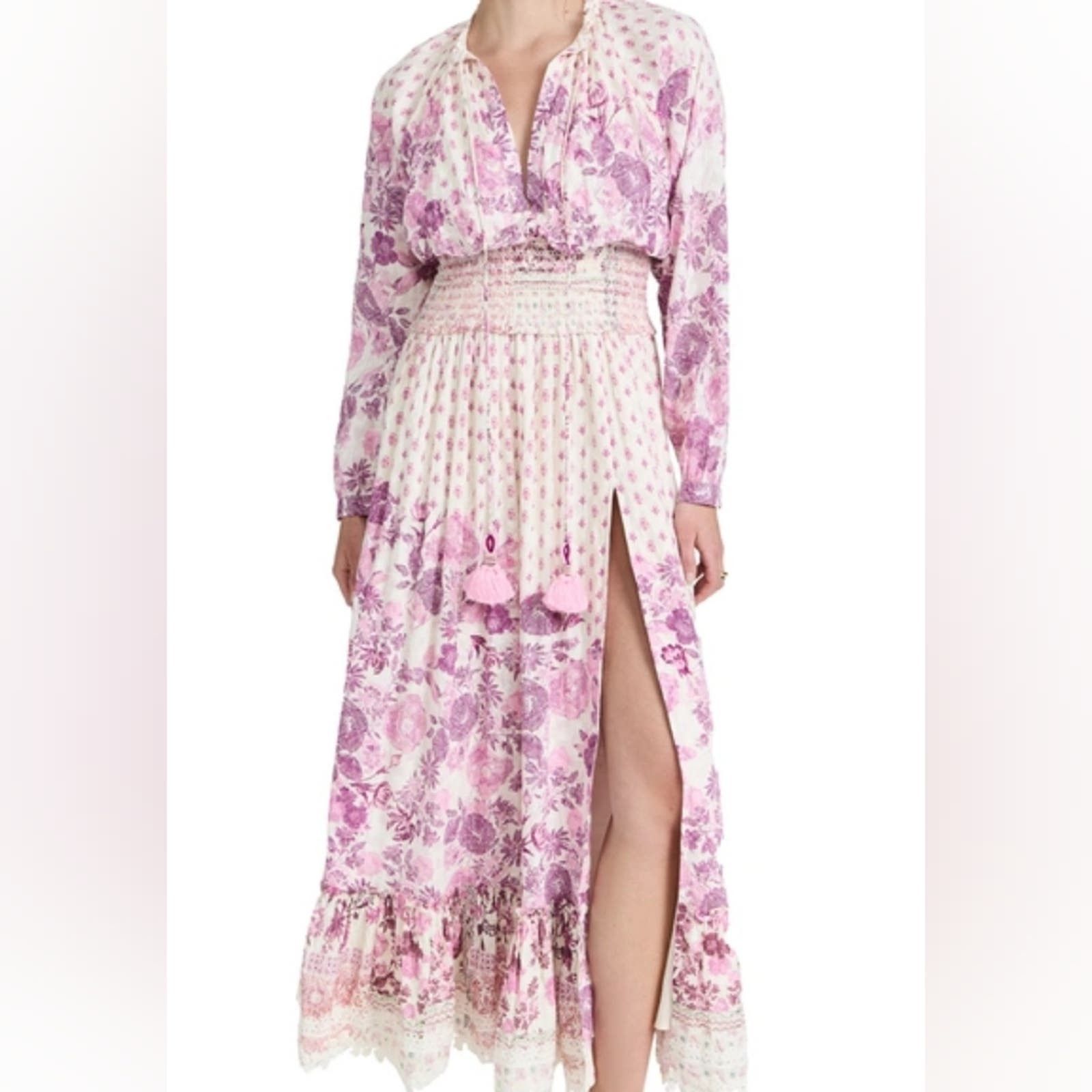 image of Hemant Nandita NWT Hemant & Nandita Suki Plunged Long Floral Dress in Pink, Women's (Size Medium)