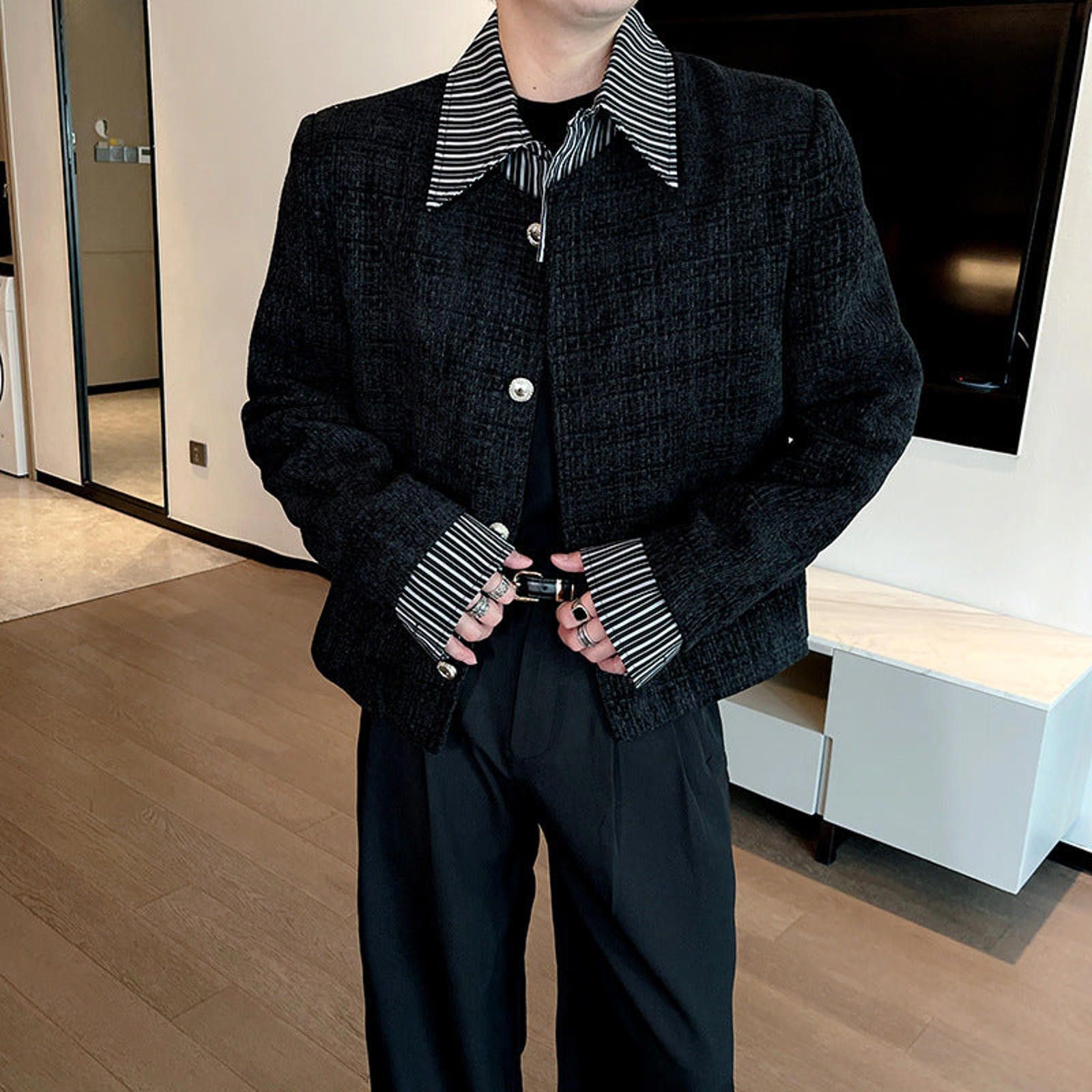 Japanese Brand Black Textured Cropped Jacket, Men's Button-Up Outerwear Size US M / EU 48-50 / 2 - 4 Thumbnail