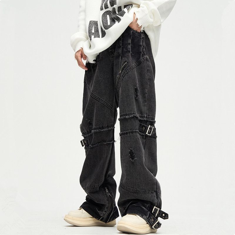 Black Baggy Ripped Stacked Jeans Denim Pants For Men