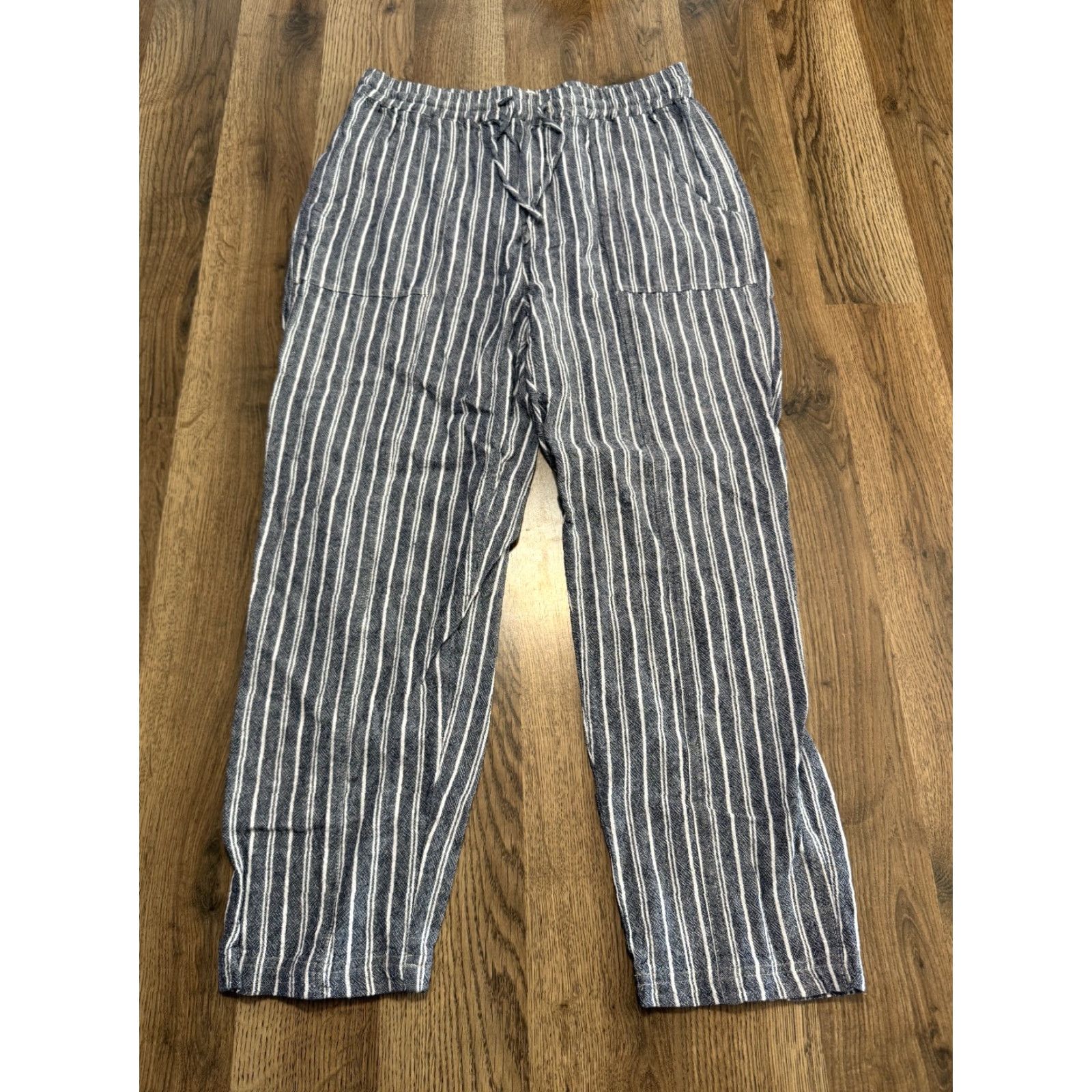Vintage Mason Belle Pants Women's Medium Blue White Striped Linen Blend Tie Waist Wide-Leg Ankle Flat Front Mens? Size 32" / US 10 / IT 46 - 2 Thumbnail