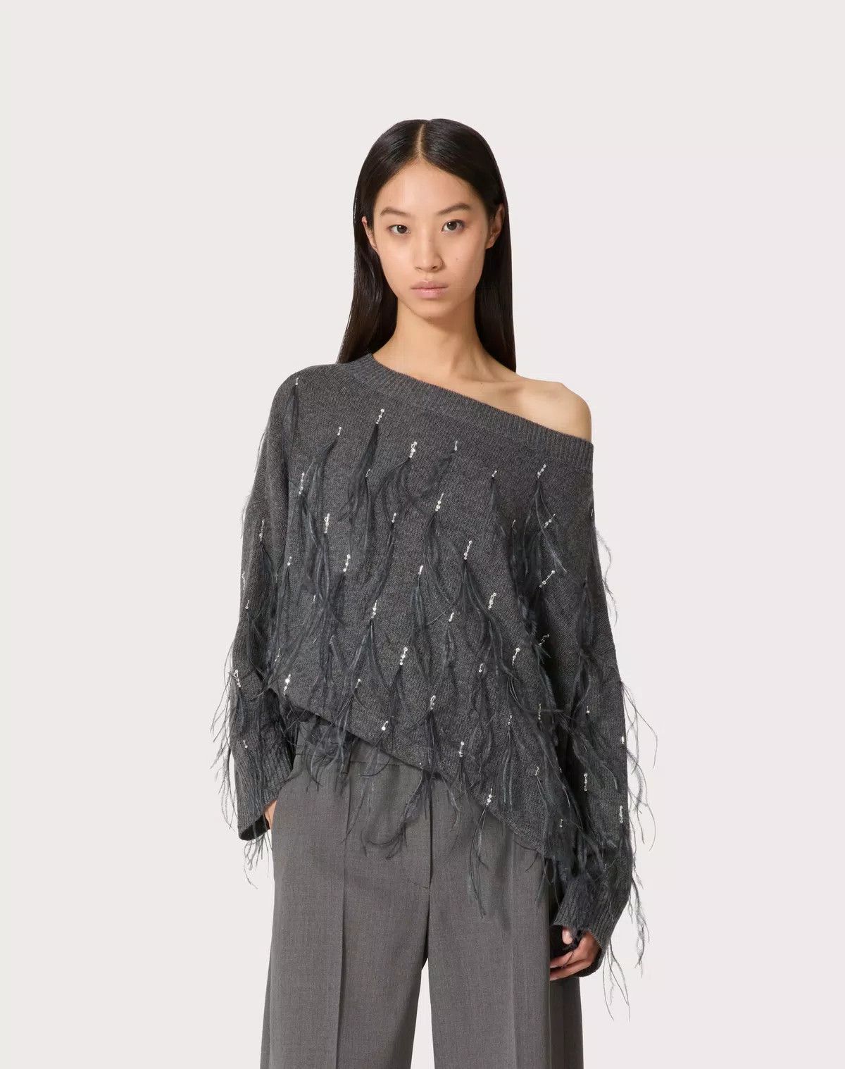 Valentino o1s1wg110426 Embroidered Wool Jumper With Feathers in Grey Size S / US 4 / IT 40 - 4 Thumbnail