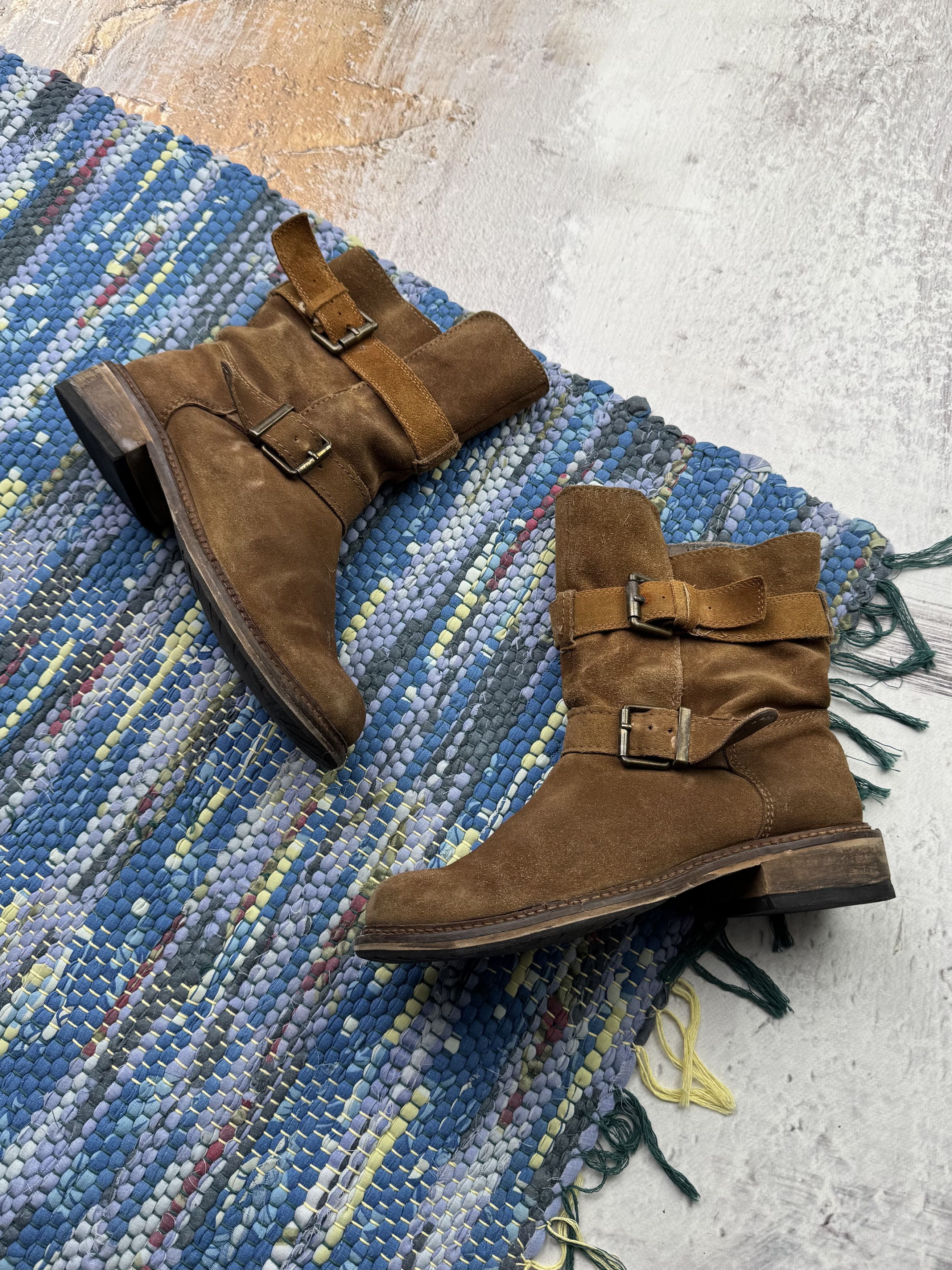 Japanese Brand Vintage Suede Thrashed Boots With Straps A659D14(394) Size US 7 / IT 37 - 1 Thumbnail