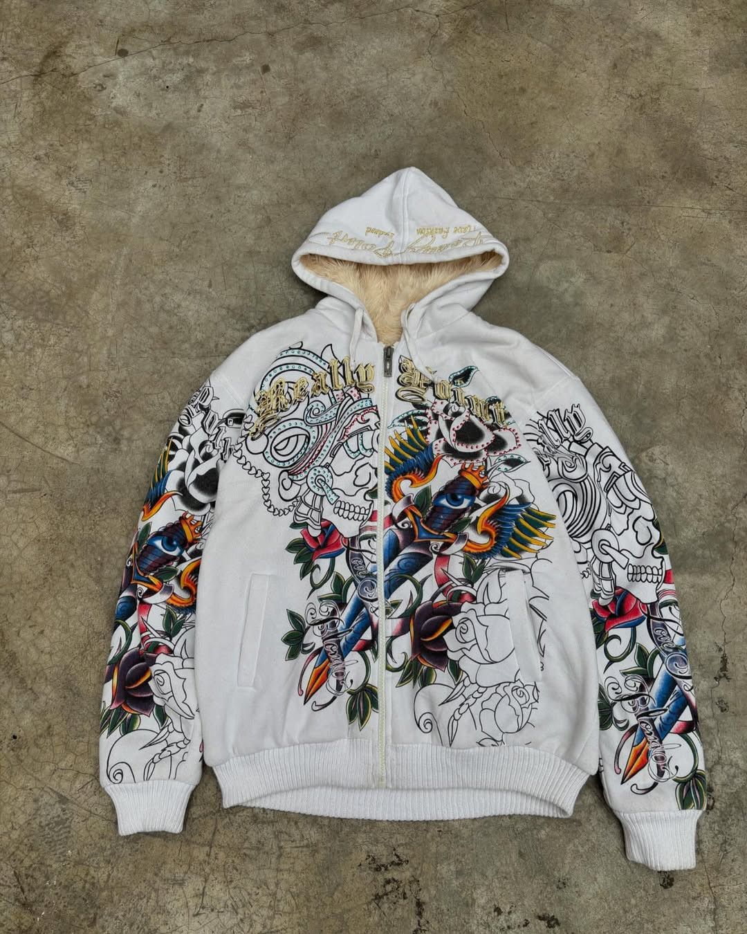 Y2k Ed Hardy Real Point 90's Embroidered Zipper Hoodie