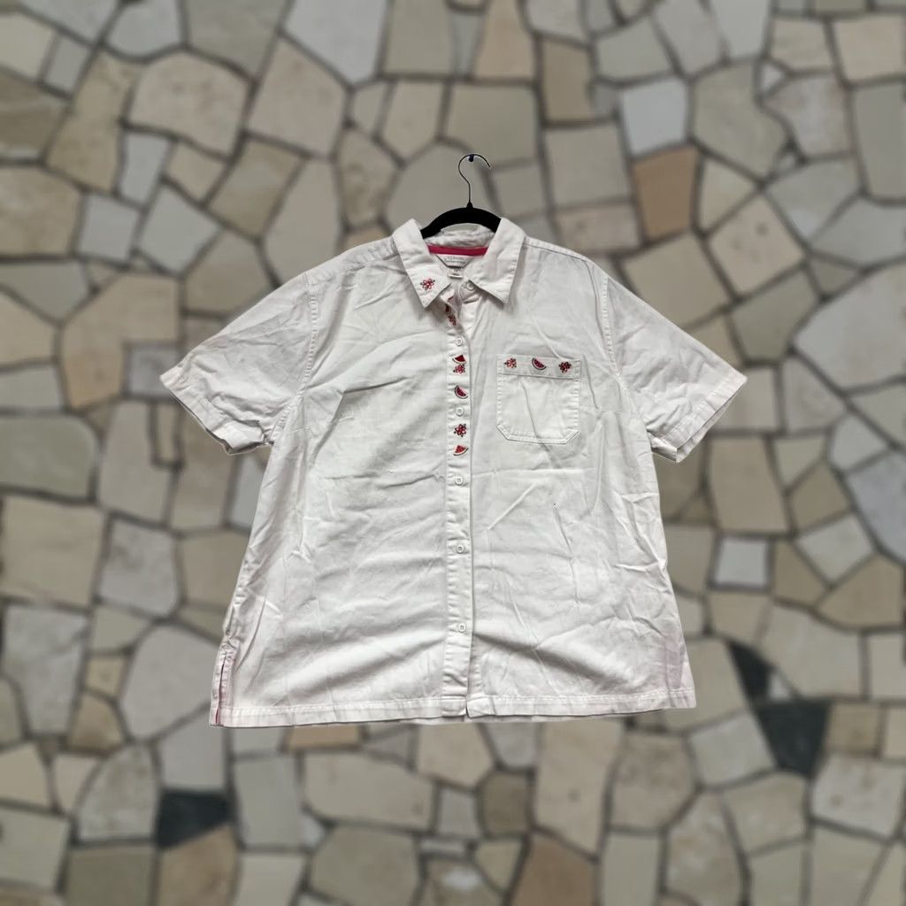 Vintage C.J. Banks Embroidered Watermelon & Daisy Button-Up Shirt 1X Womens Pink Trim Cotton White Vintage: No Size XL / US 12-14 / IT 48-50 - 1 Thumbnail