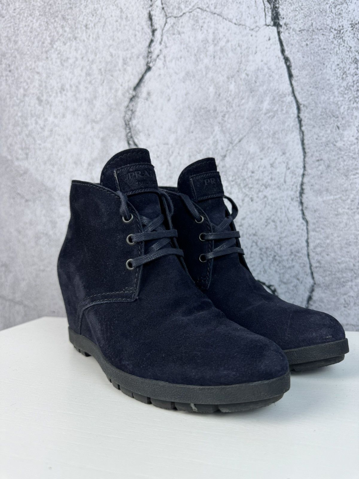 image of Miu Miu x Prada 2000 Logo Suede Boots Shoes in Grey, Women's (Size 7)