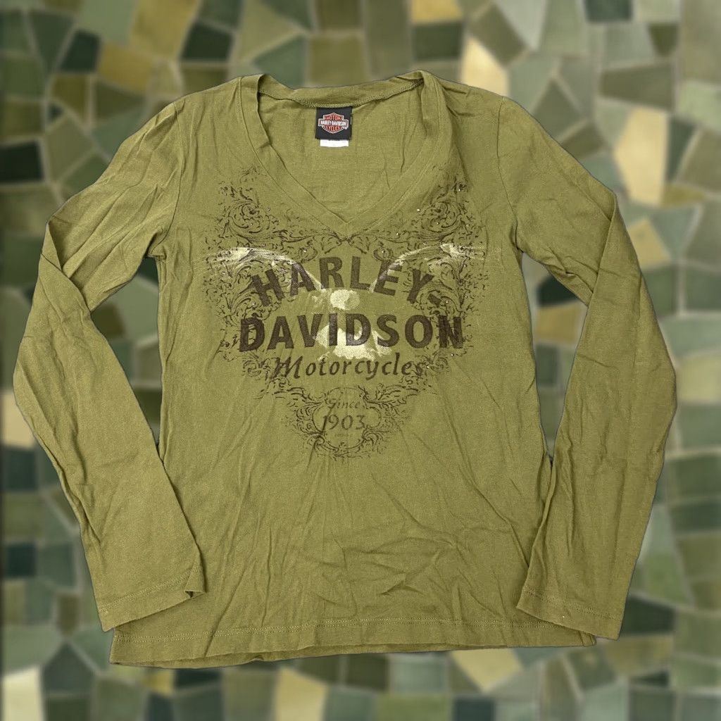 Harley Davidson Harley-Davidson Shirt Womens Medium Green Long Sleeve V-Neck USA Made PA Gatto Size M / US 6-8 / IT 42-44 - 1 Thumbnail