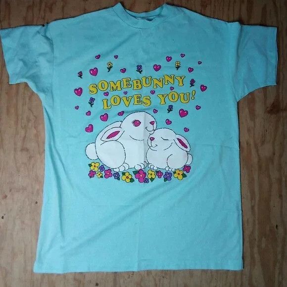 Vintage Vintage Somebunny Loves You Rabbit Pun Puff Ink T-Shirt Size US L / EU 52-54 / 3 - 2 Thumbnail
