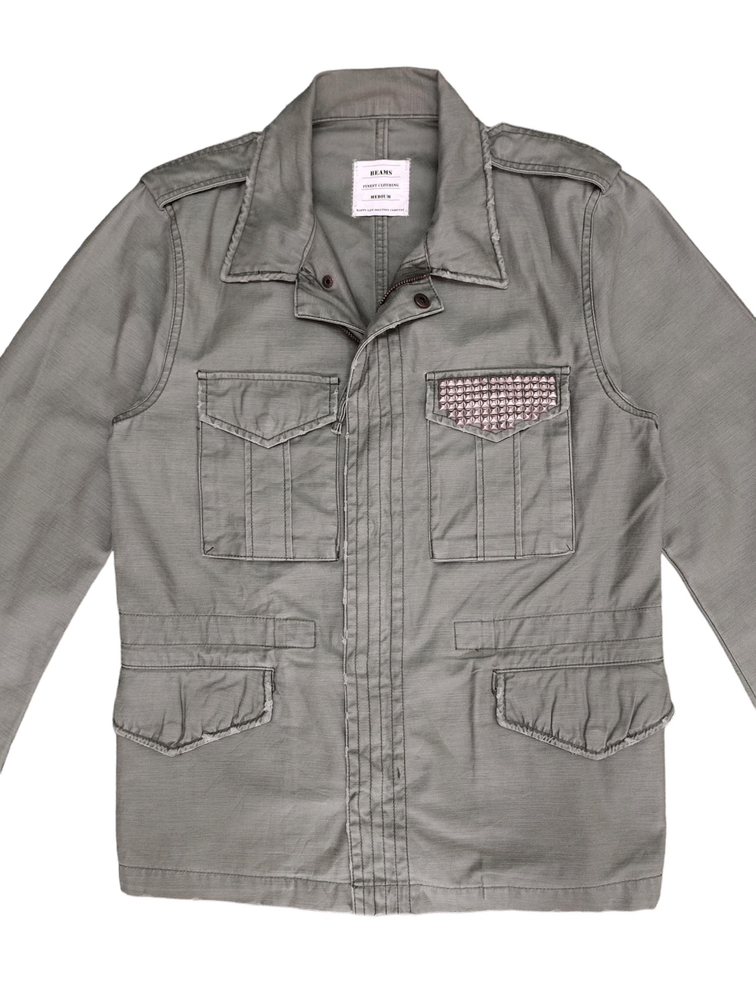 Beams Plus 2000s Beams Studded Pocket Olive Green Military Field Shirt Size US M / EU 48-50 / 2 - 2 Thumbnail