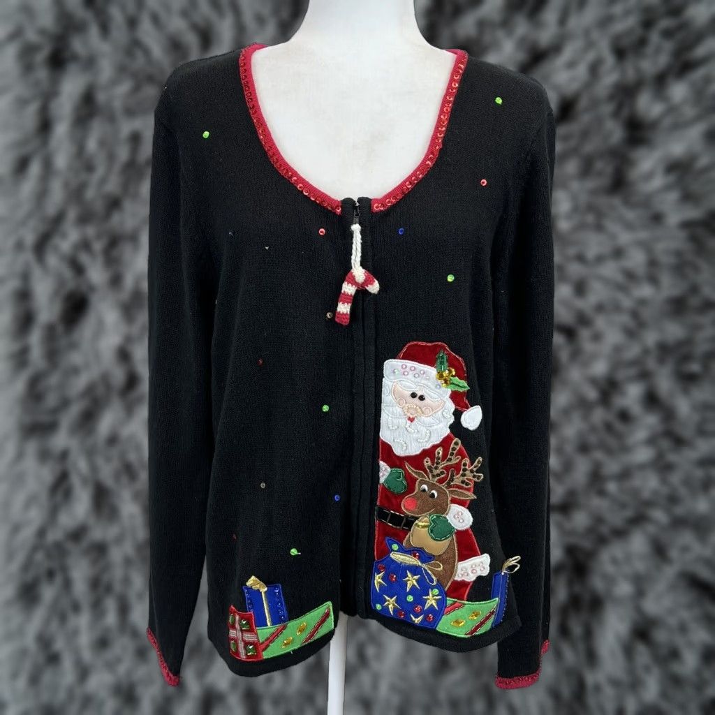 Vintage VINTAGE Heirloom Collectibles Christmas Cardigan Sweater XL Black Ugly Sweater 90s Holiday Womens Size XL / US 12-14 / IT 48-50 - 1 Thumbnail
