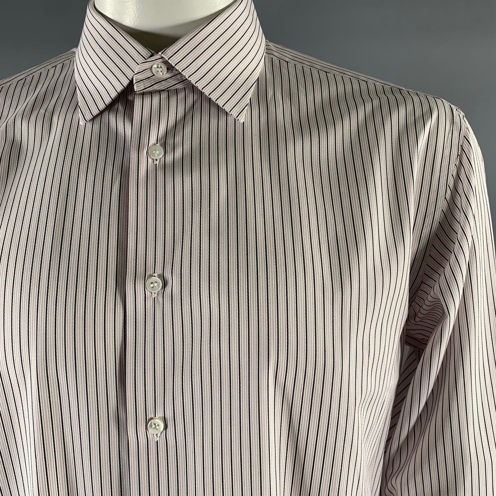 Brioni BRIONI XL White Brown Pink Stripe Cotton French Cuff Shirt Size US XL / EU 56 / 4 - 2 Thumbnail