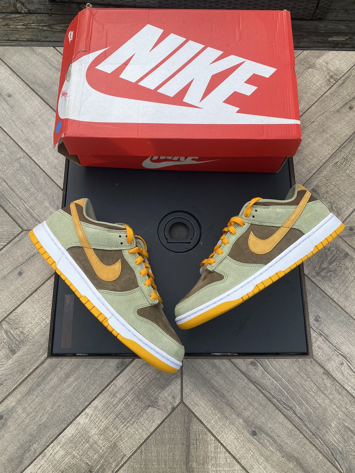 image of Nike Dusty Olive Dunk Low Shoes in Green, Men's (Size 9.5)