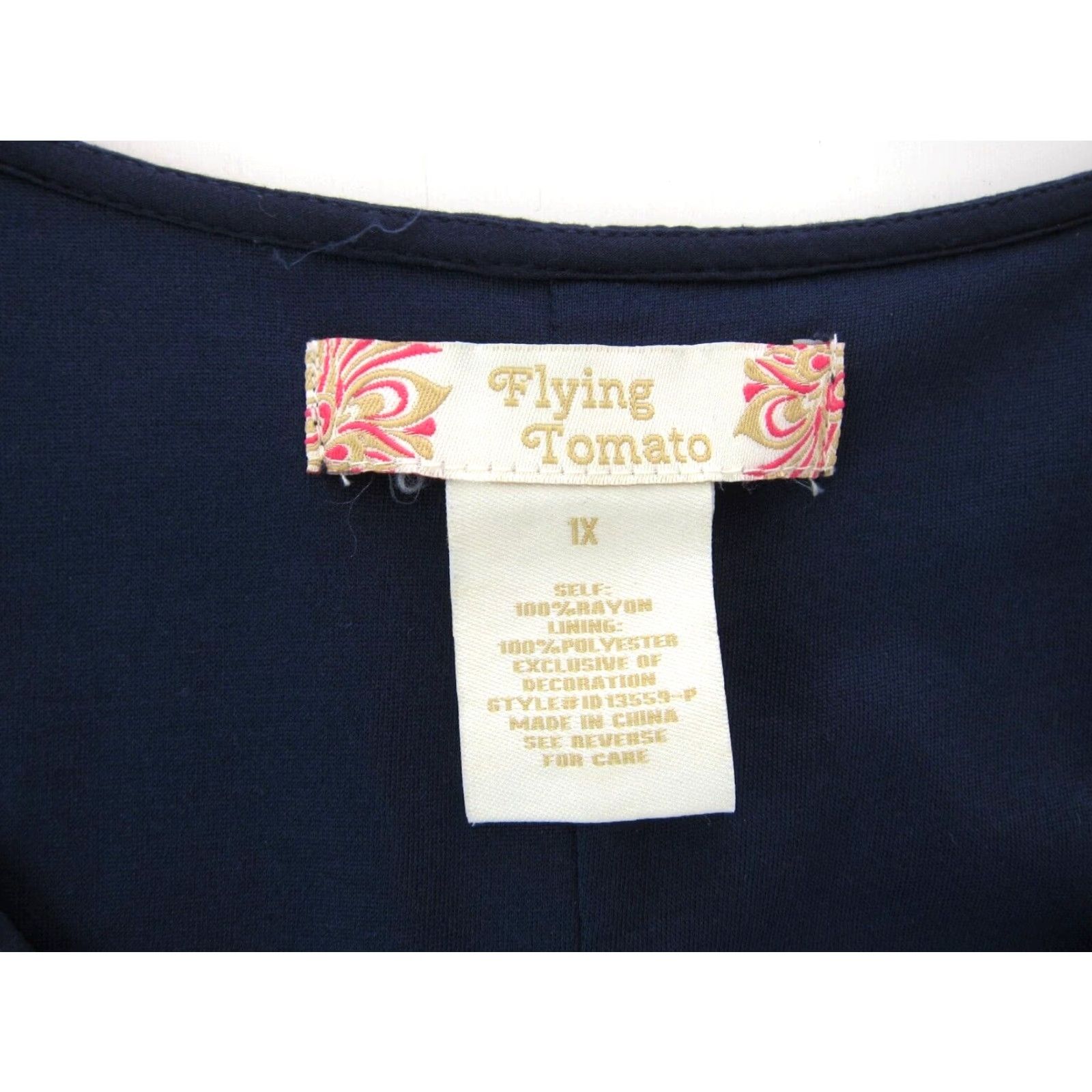 Vintage VINTAGE Flying Tomato 100% Rayon Navy Blue Ivory Embroidered Long Sleeve Tunic Dress 1X Size XL / US 12-14 / IT 48-50 - 3 Thumbnail