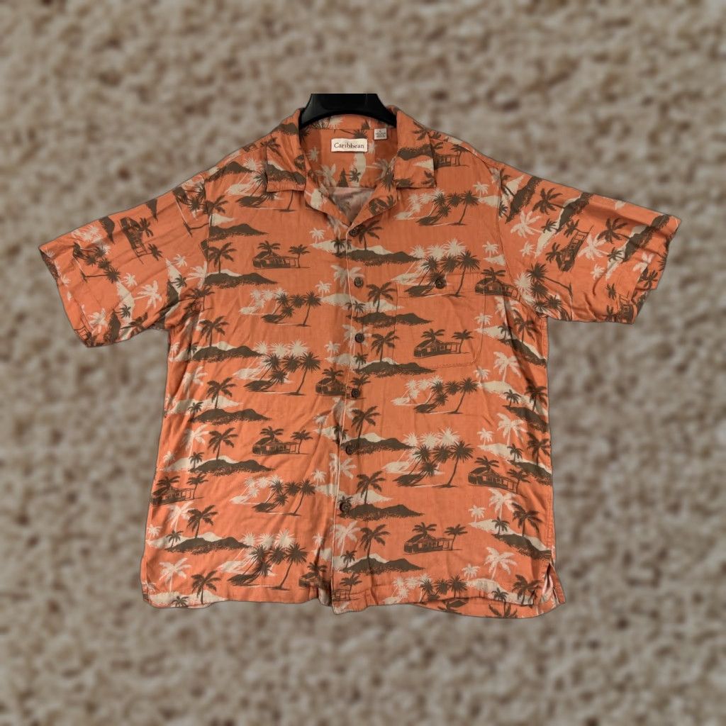 Vintage Caribbean Men Shirt L Orange Hawaiian All Over Print Beach Aloha Resort Shirt (Button-Up) Size US L / EU 52-54 / 3 - 1 Thumbnail