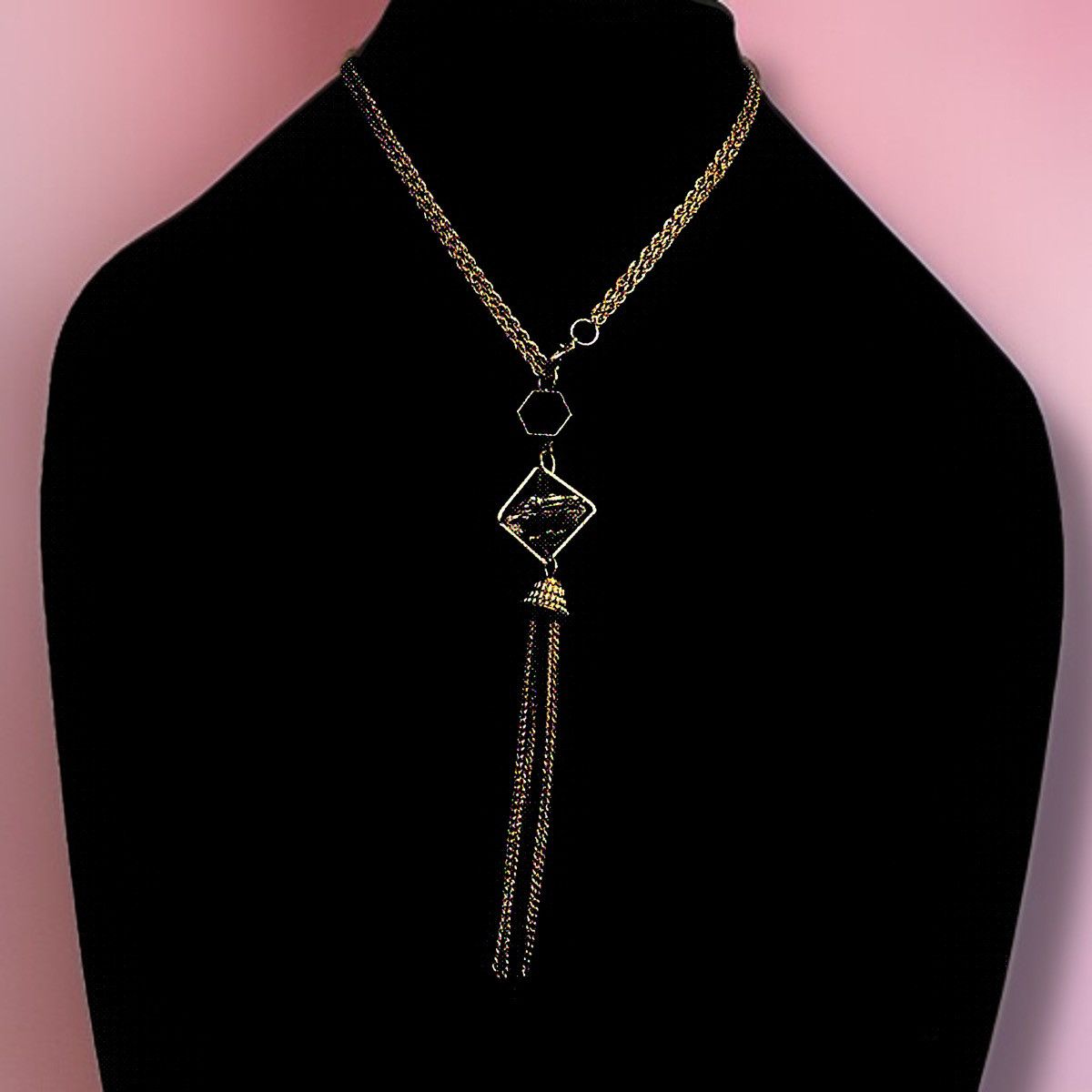 Other Gold tone caged clear gemstone chain tassel necklace Size ONE SIZE - 1 Thumbnail