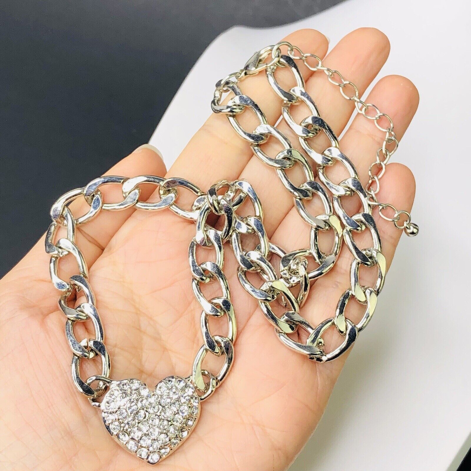 Other Heart Cuban Link Chain Clear Rhinestones Pendant necklace18" Size ONE SIZE - 3 Thumbnail