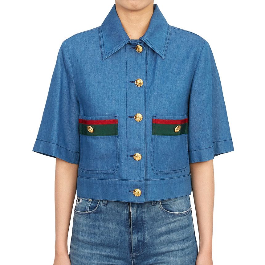 Gucci o1la5ras0526 Denim Shirt With Web Detail in Blue Size S / US 4 / IT 40 - 1 Thumbnail