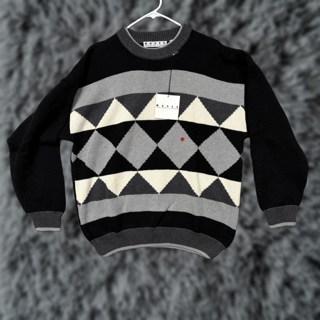 Vintage VTG Basix Fenn Wright & Manson Sweater Mens L Black Argyle Diamond Geometric Grunge 90s Crew Neck Knit Pullover Size US L / EU 52-54 / 3 - 1 Thumbnail