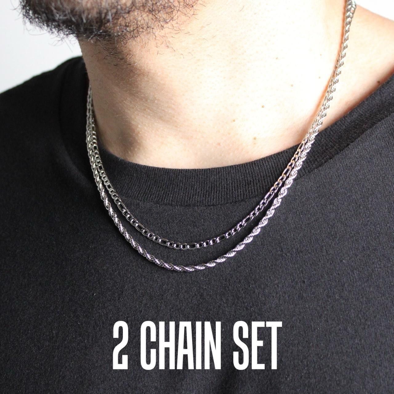 Jewelry Silver 3Mm Figaro & Rope Chain Set, Men's