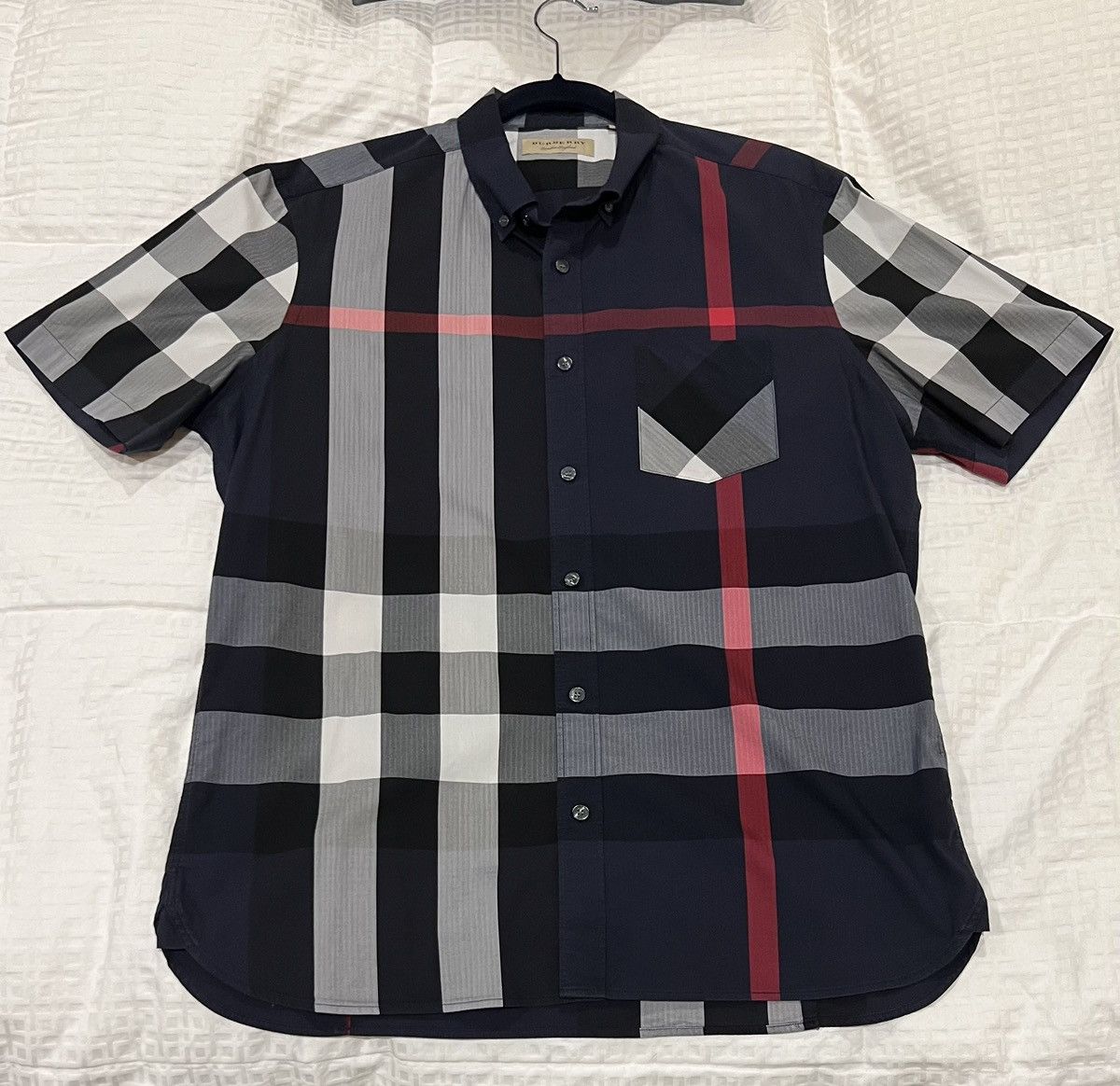 image of Burberry Check Cotton Shirt in Navy, Men's (Size XL)