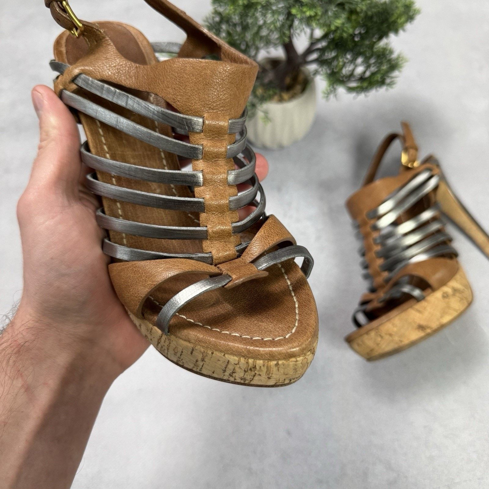 Miu Miu Miu Miu Platform Strappy Brown/ Silver Heels Sandals Size US 8.5 / IT 38.5 - 6 Thumbnail