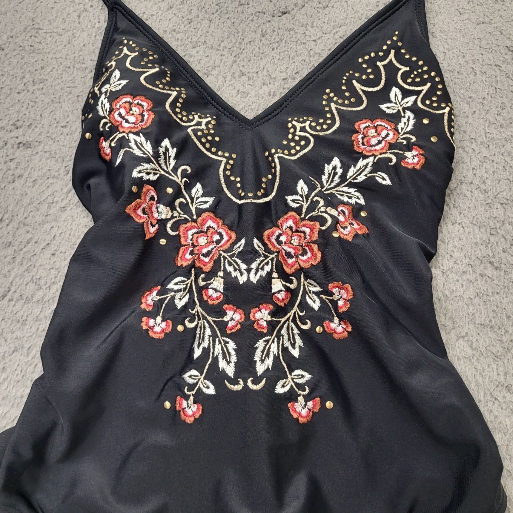 Vintage Xhilaration One Piece Swimsuit Womens Size Small Black Lace Up Back Embroidered Size ONE SIZE - 3 Thumbnail