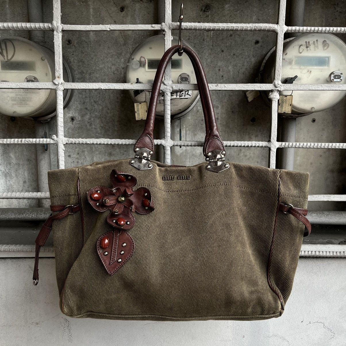 Miu Miu S/S 2005 Embellished Canvas Leather Tote Bag