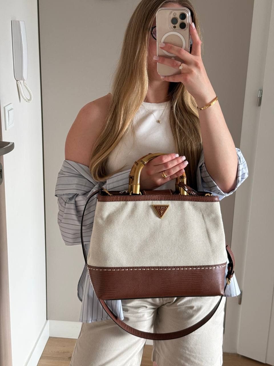 Guess Guess Zabry Bamboo Satchel Large Beige Brown Bag New Size ONE SIZE - 19 Thumbnail