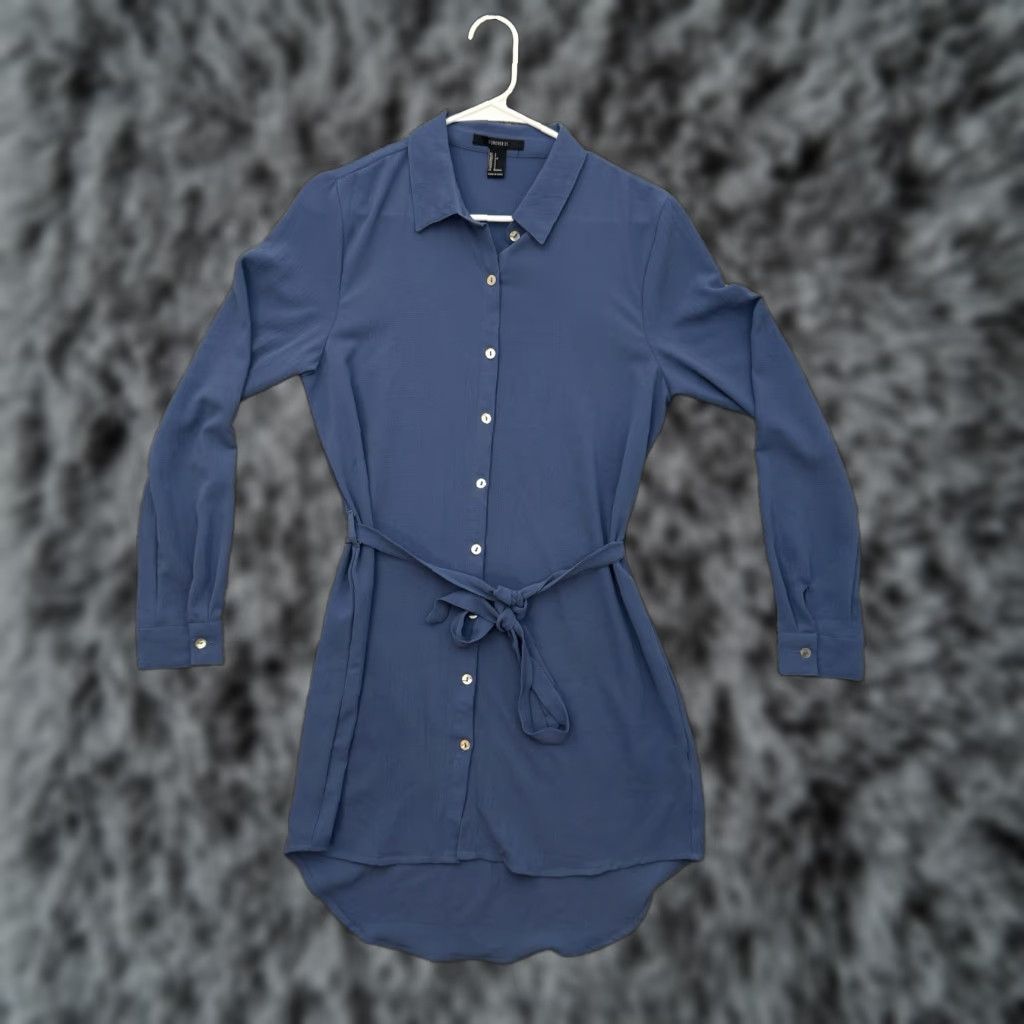 Forever 21 Forever 21 Shirt Dress Belted Mini S Crepe Blue Long Sleeve Office Chic Preppy Size S / US 4 / IT 40 - 1 Thumbnail