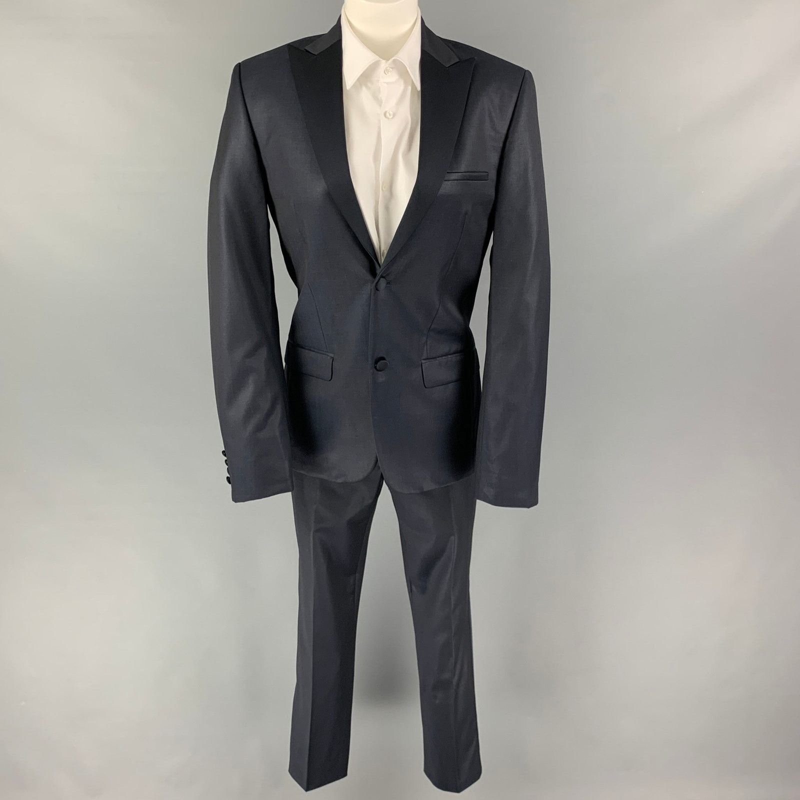 Calvin Klein Size 34 Navy Black Wool Peak Lapel Tuxedo Suit Size 34R - 2 Thumbnail