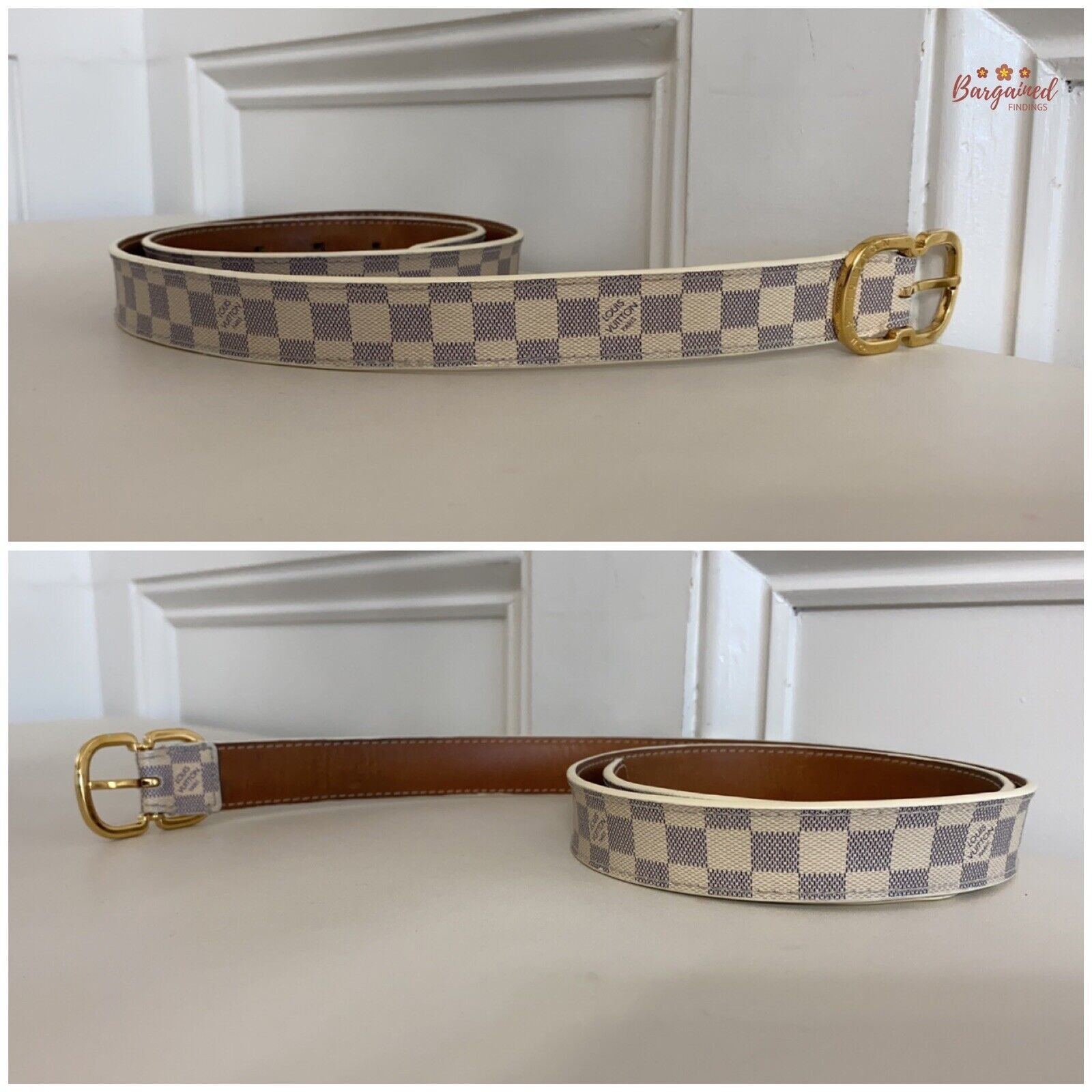 Louis Vuitton Louis Vuitton Damier Azur Leather Gold Butterfly Buckle Belt Size 30 - 2 Thumbnail