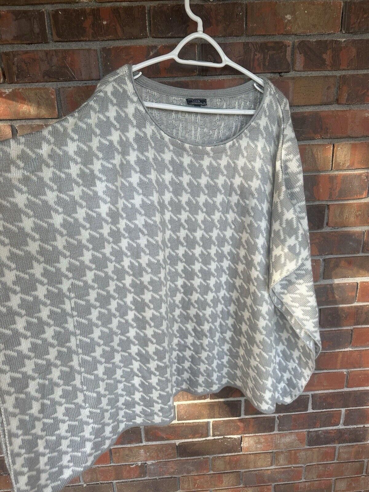 Designer Grey White Houndstooth Knit Sweater Poncho 2X Size XXL / US 16-18 / IT 52-54 - 4 Thumbnail