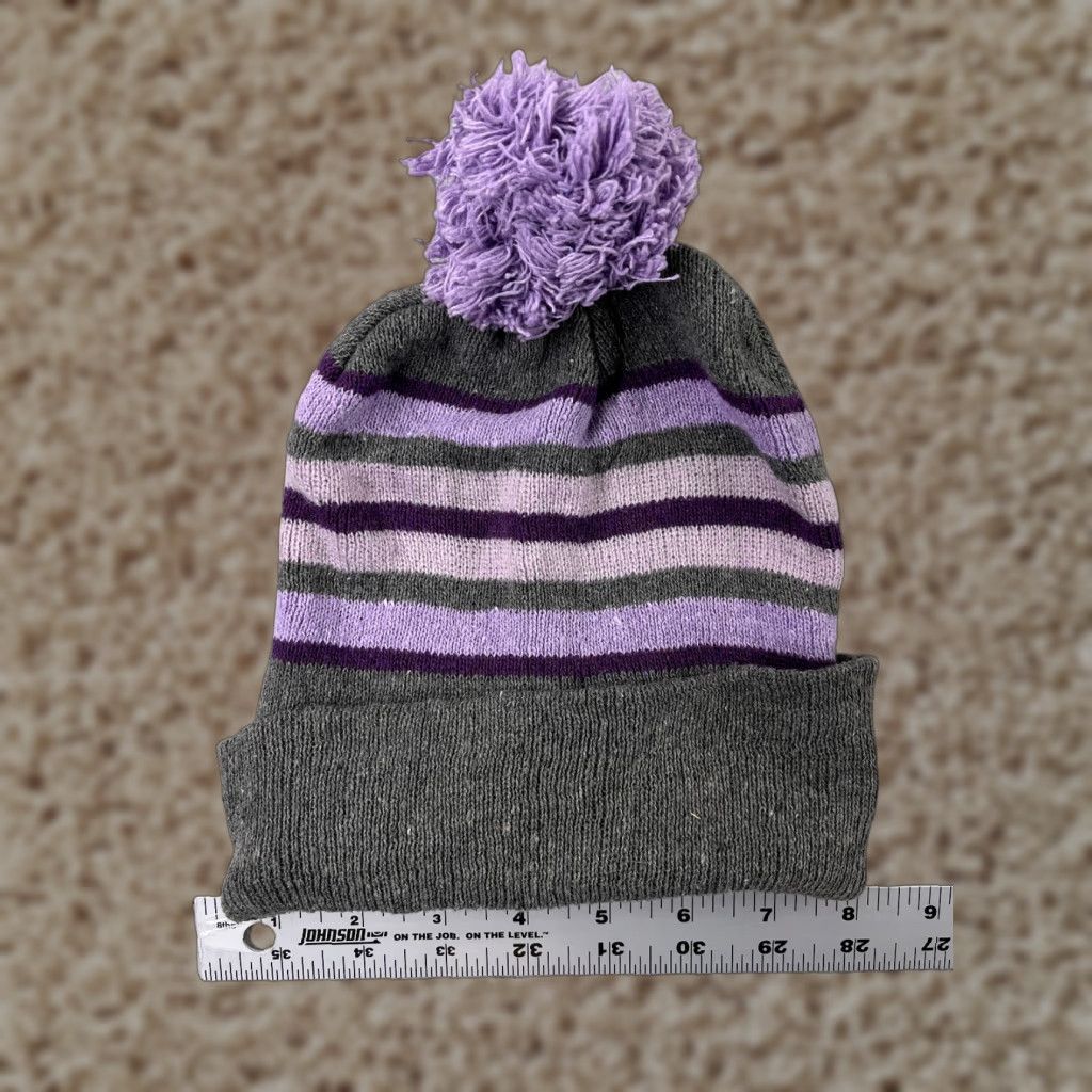 Vintage Sport-Tek Beanie Toque Women's One Size Purple Gray Stripe Knit 100% Acrylic Winter Ski Hat Mens Womens Size ONE SIZE - 1 Thumbnail