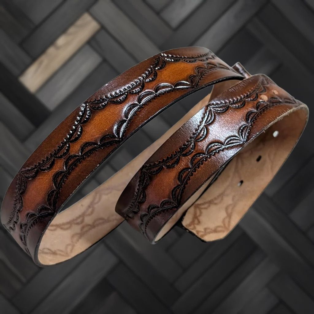 Vintage VINTAGE USA made TOOLED buckle belt western Geometric 38 brown Cowhide leather belt Mens Size 38 - 1 Thumbnail