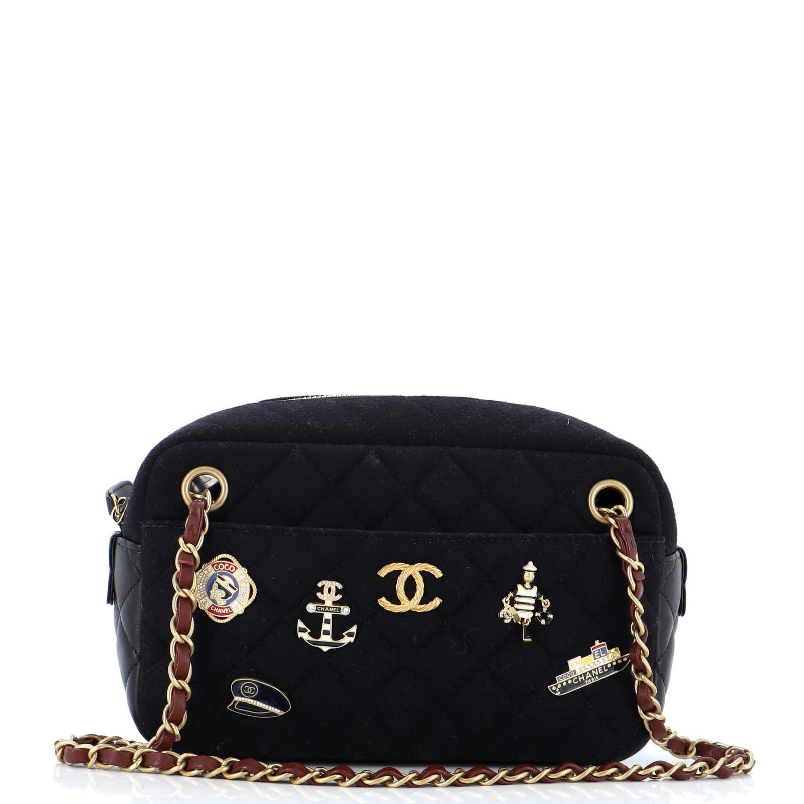 image of Chanel Paris-Hamburg Charms Camera Bag Quilted Wool And Lambskin in Black, Women's